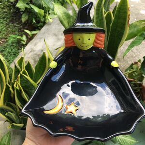 Vintage 90s FSG Halloween Witch Candy Dish Ceramic Treat Bowl Black 6X5